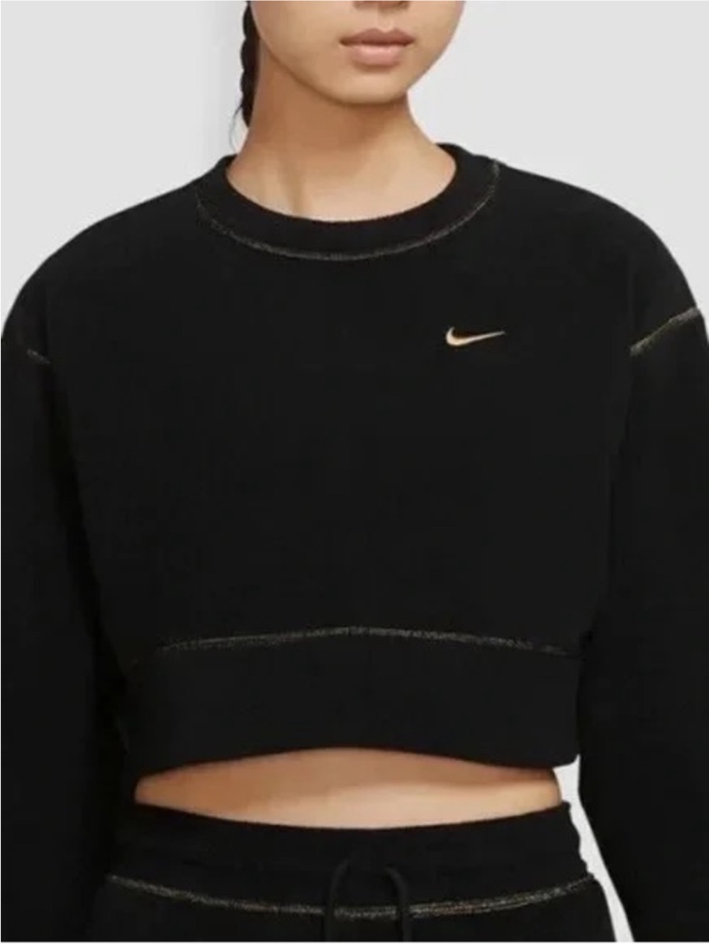 Nike Black Cropped Crew Sweatshirt with Gold Swoosh